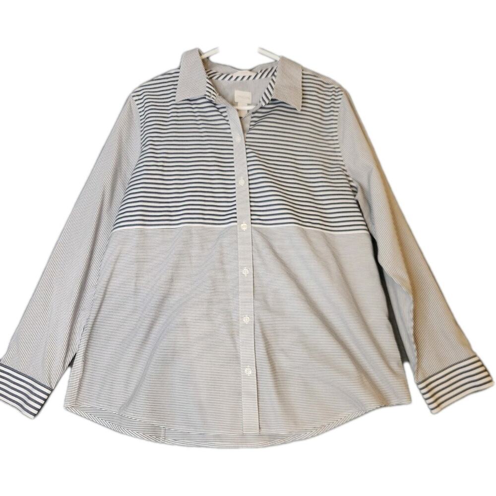 Chico’s Dark Gray Blue & White Striped Non Iron Button Down Shirt Sz 2 Large